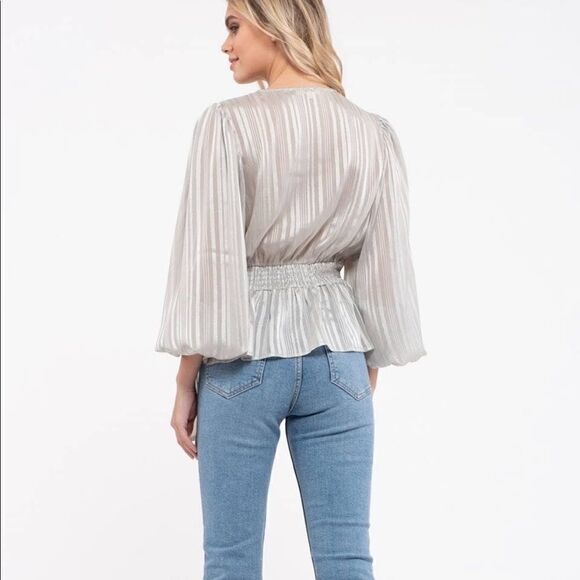 NWT mine sage green lurex stripe blouse - Picture 2 of 7